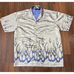Vintage Y2K MT:2 Silver Blue Short Sleeve Button Front Shirt Flames Size XL